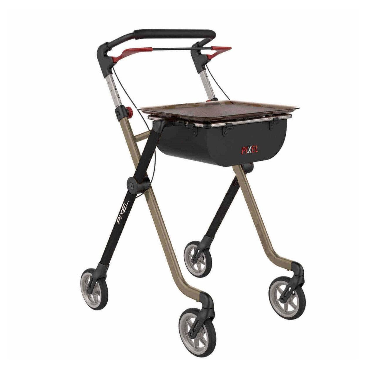 Rollator mit braunen und schwarzen Elementen. Vier Räder, Tablett und Einkaufskorb. Griffe mit roten Akzenten. Aufschrift: PIXEL.