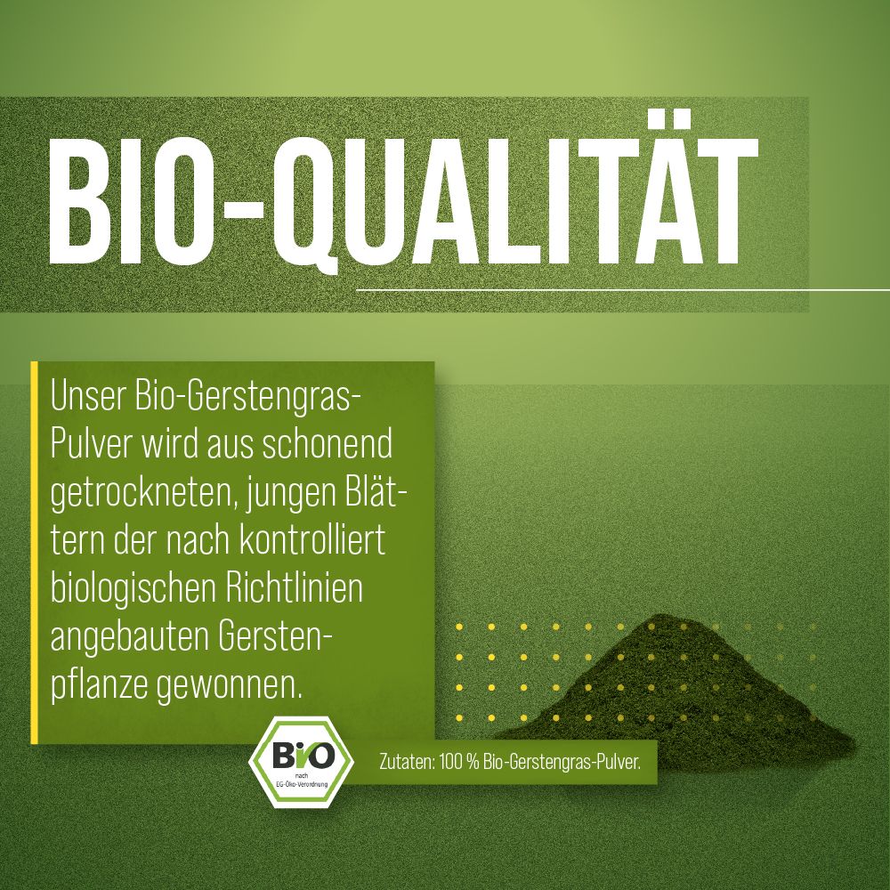 Text mit dem Wort 'BIO-QUALITÄT' und Informationen über Bio-Gerstengras-Pulver. Enthält das Bio-Siegel.