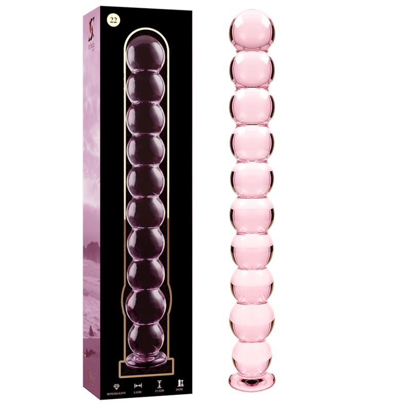 Produktverpackung und rosa Dildo aus Borosilikatglas mit 10 Kugeln.