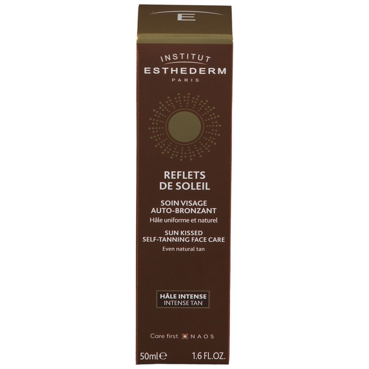 Schachtel mit INSTITUT ESTHEDERM PARIS. REFLETS DE SOLEIL, SOIN VISAGE AUTO-BRONZANT. HALE INTENSE. 50ml. 1.6 FL.OZ.