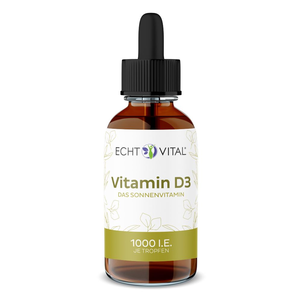 Braune Glasflasche mit schwarzem Tropfer. Echt Vital Vitamin D3, 1000 I.E. Tropfen, mit floralem Hintergrund.