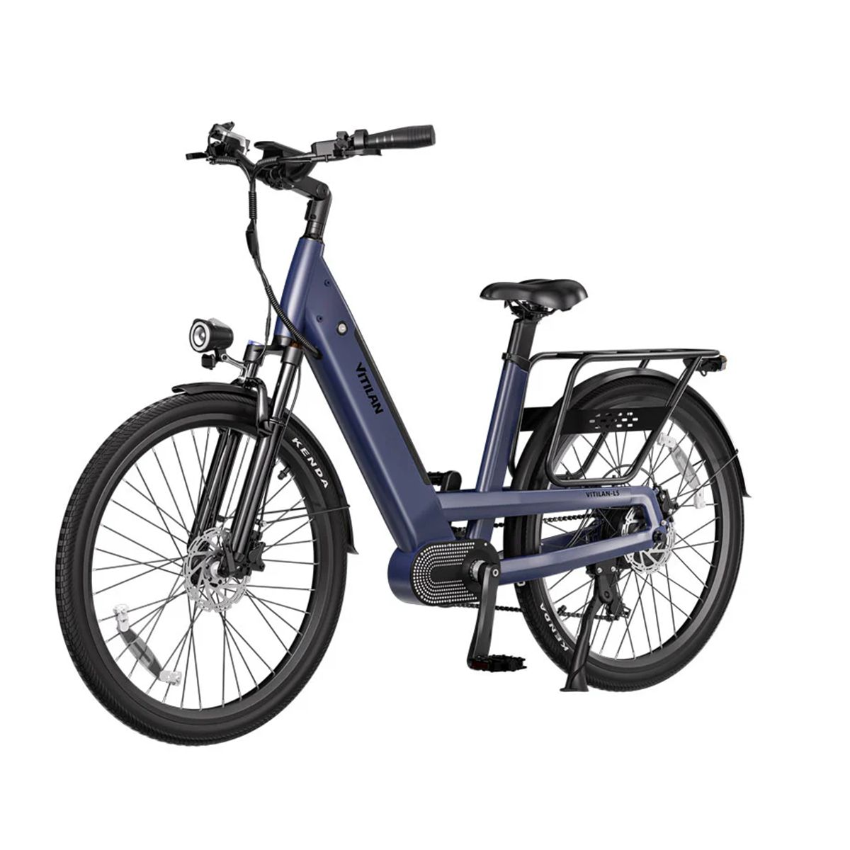 Blaues Elektrofahrrad Vitilan L5 mit Scheinwerfer und Kenda-Reifen. Gepäckträger und Marke sichtbar.