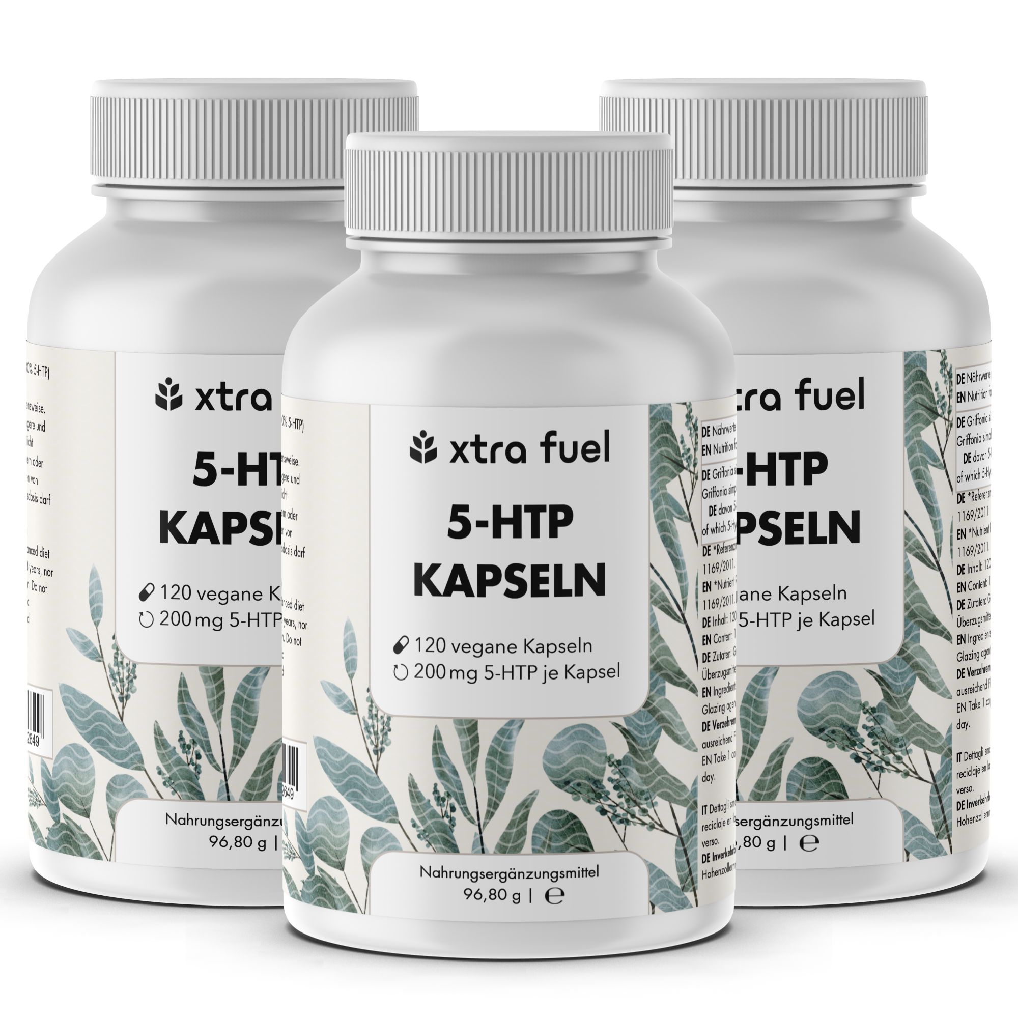 Drei weiße Flaschen mit Kapseln. Aufschrift: XTRA FUEL 5-HTP KAPSELN. 120 vegane Kapseln, 200mg 5-HTP.