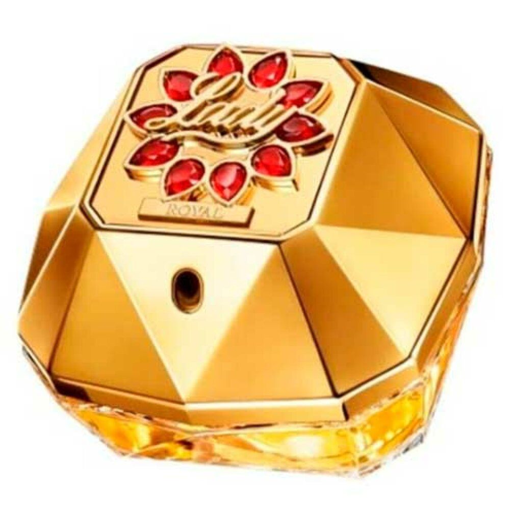 Goldfarbener Flakon mit roten Verzierungen. Aufschrift: Lady Million Royal.