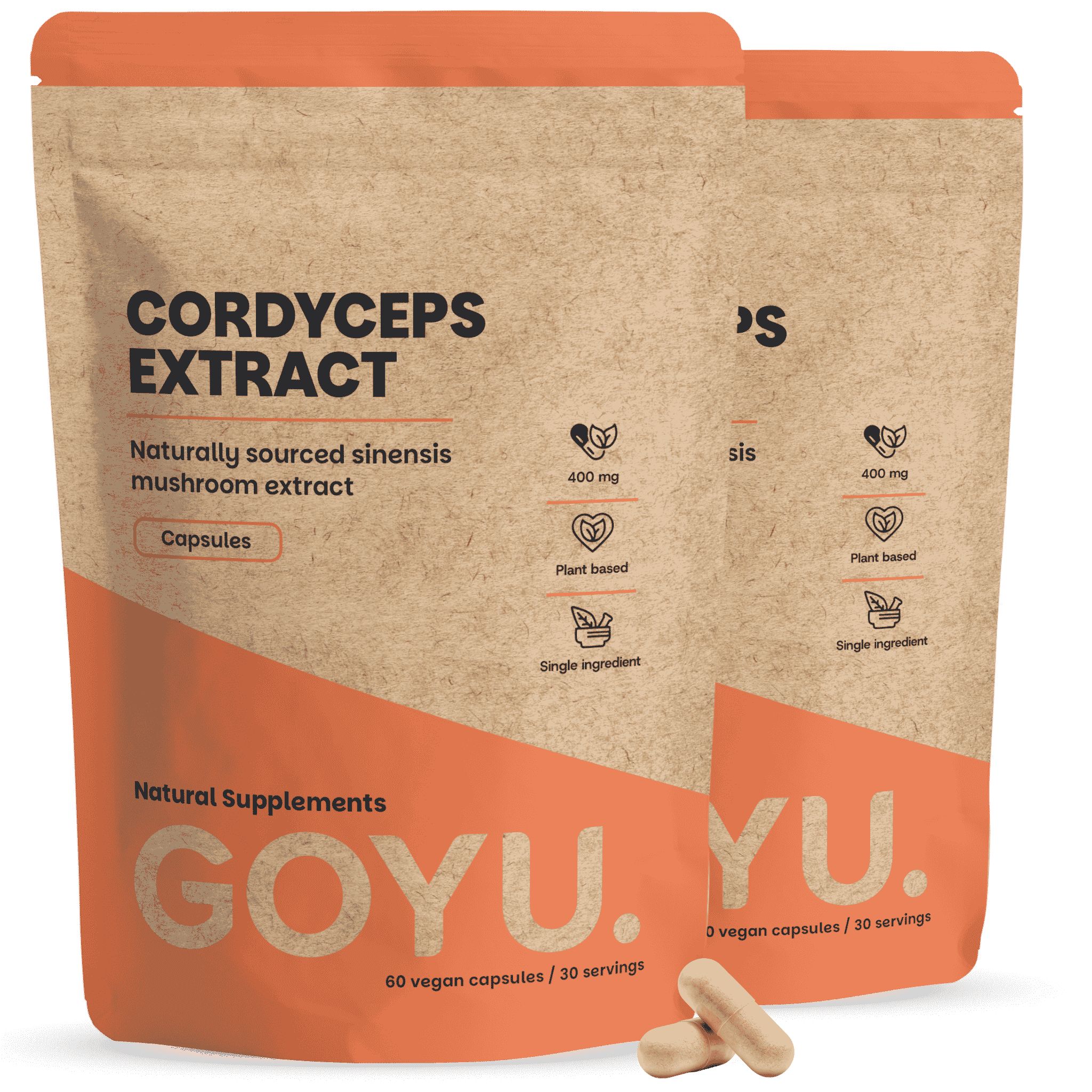 Zwei Beutel Cordyceps Extrakt Kapseln, 60 vegane Kapseln pro Beutel.