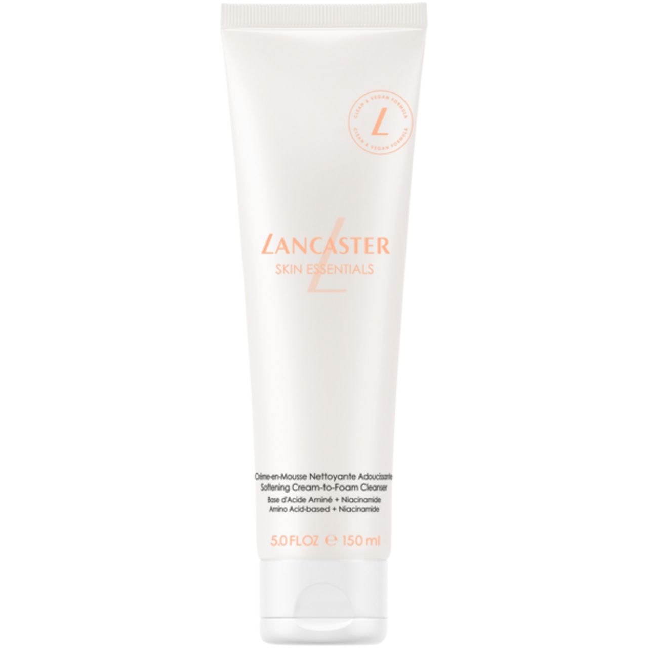 Weiche Reinigungs-Schaum-Tube von Lancaster. Weiß, mit Schriftzug und Logo. Enthält 150 ml.