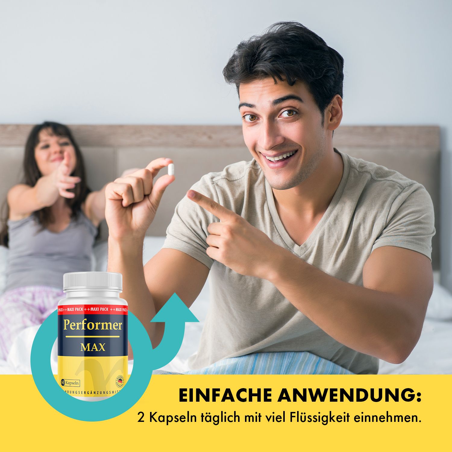 Mann hält Kapsel. Flasche Performer MAX. Aufschrift: Einfache Anwendung: 2 Kapseln täglich mit viel Flüssigkeit einnehmen.