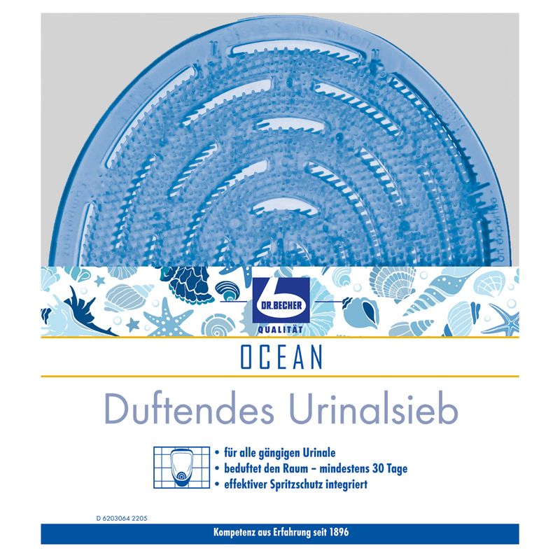 Blaues Urinalsieb mit spiralförmigem Design. Text: OCEAN, Dr. Becher, Duftendes Urinalsieb. Eigenschaften: Duft, Spritzschutz.