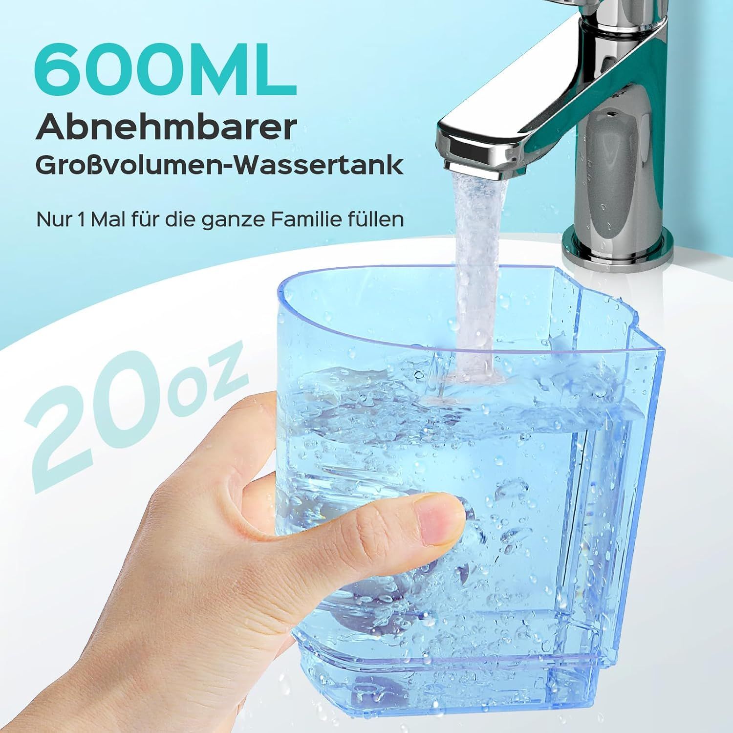 Elektrische Munddusche mit 12 Druckstufen, 2 Modi und 5 Aufsätzen. Weiß mit blauem Tank. Kartonverpackung daneben.
