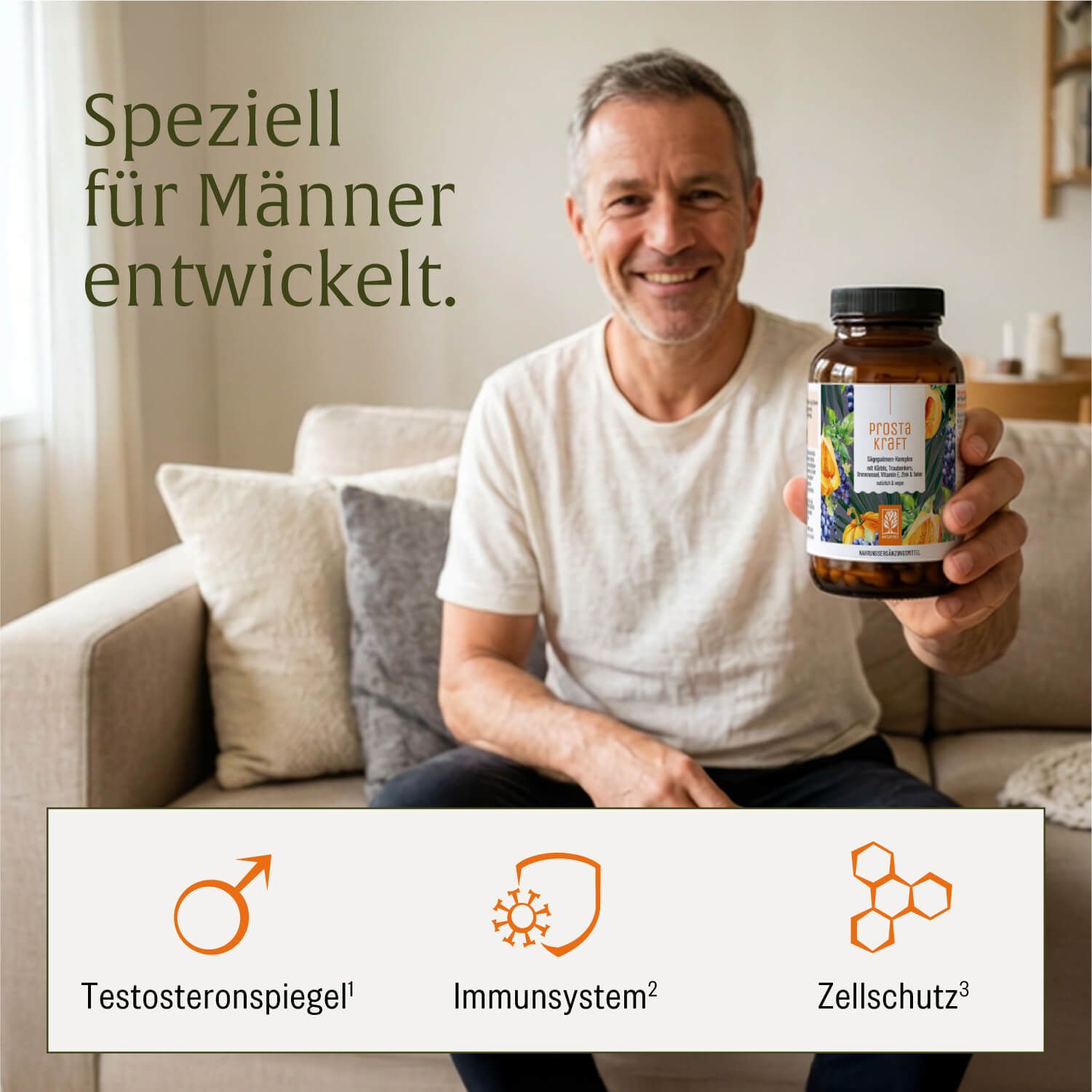 Mann hält PROSTAKRAFT Flasche. Symbole für Testosteronspiegel, Immunsystem, Zellschutz.
