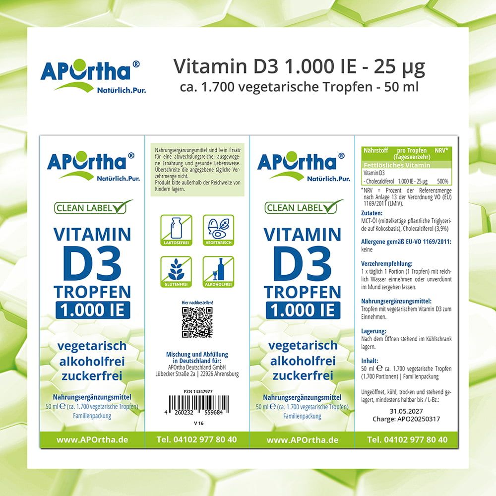 Produktverpackung mit Informationen. Mehrere Textabschnitte mit Inhaltsstoffen, Dosierung und Herstellerinformationen. Text: Vitamin D3 Tropfen 1.000 IE.