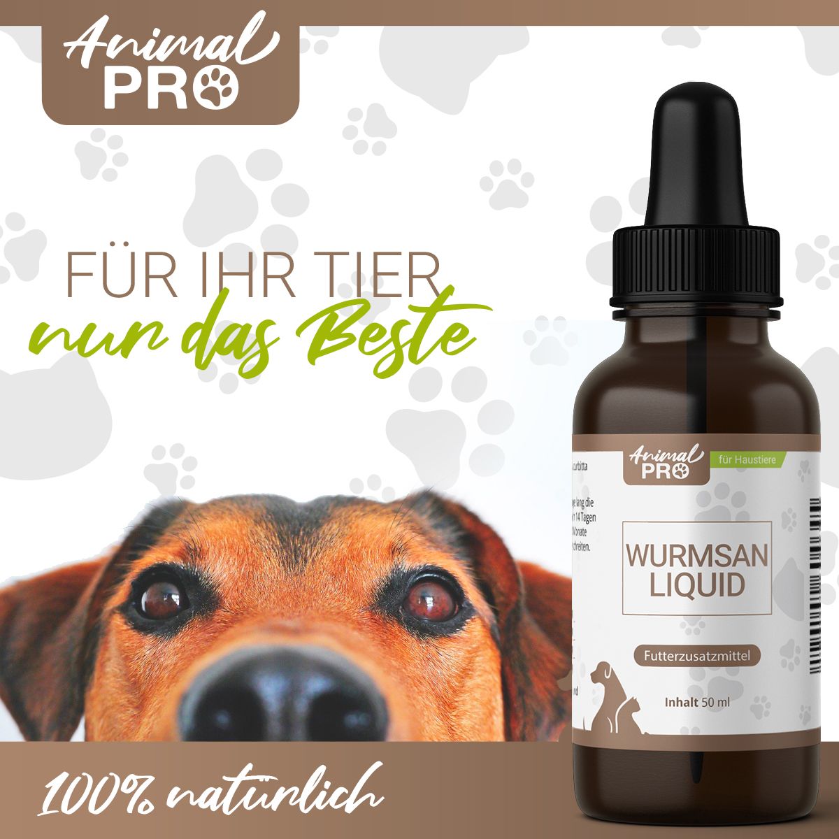 Produktflasche neben Hund. Aufschrift: Für Ihr Tier nur das Beste. 100% natürlich.