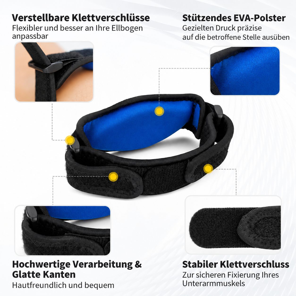 Aufbau einer Ellenbogenbandage mit Klettverschlüssen und Polsterung.