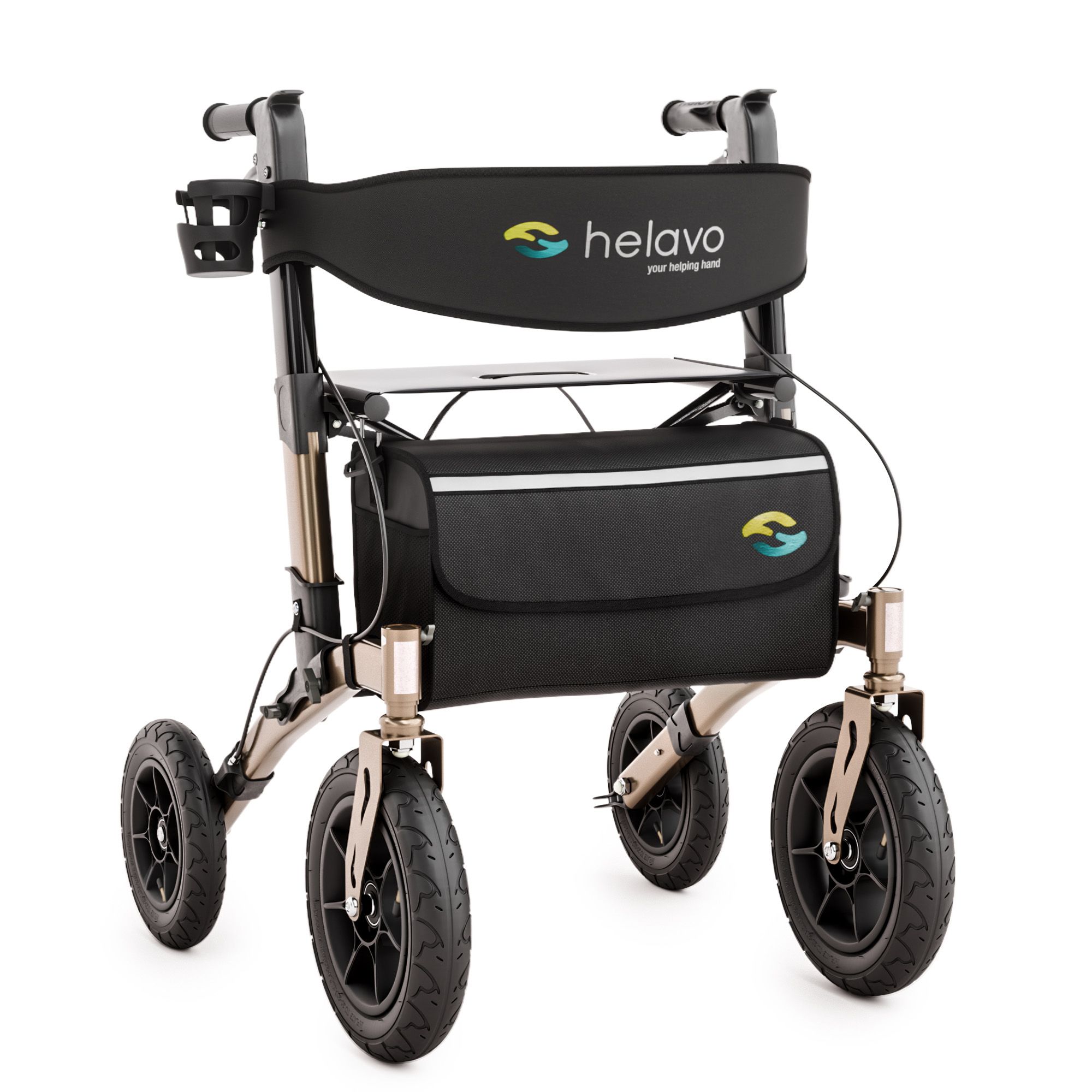 Faltbarer Rollator mit Sitz, Rückenlehne, Tasche und Becherhalter. Luftbereifung und goldfarbener Rahmen.