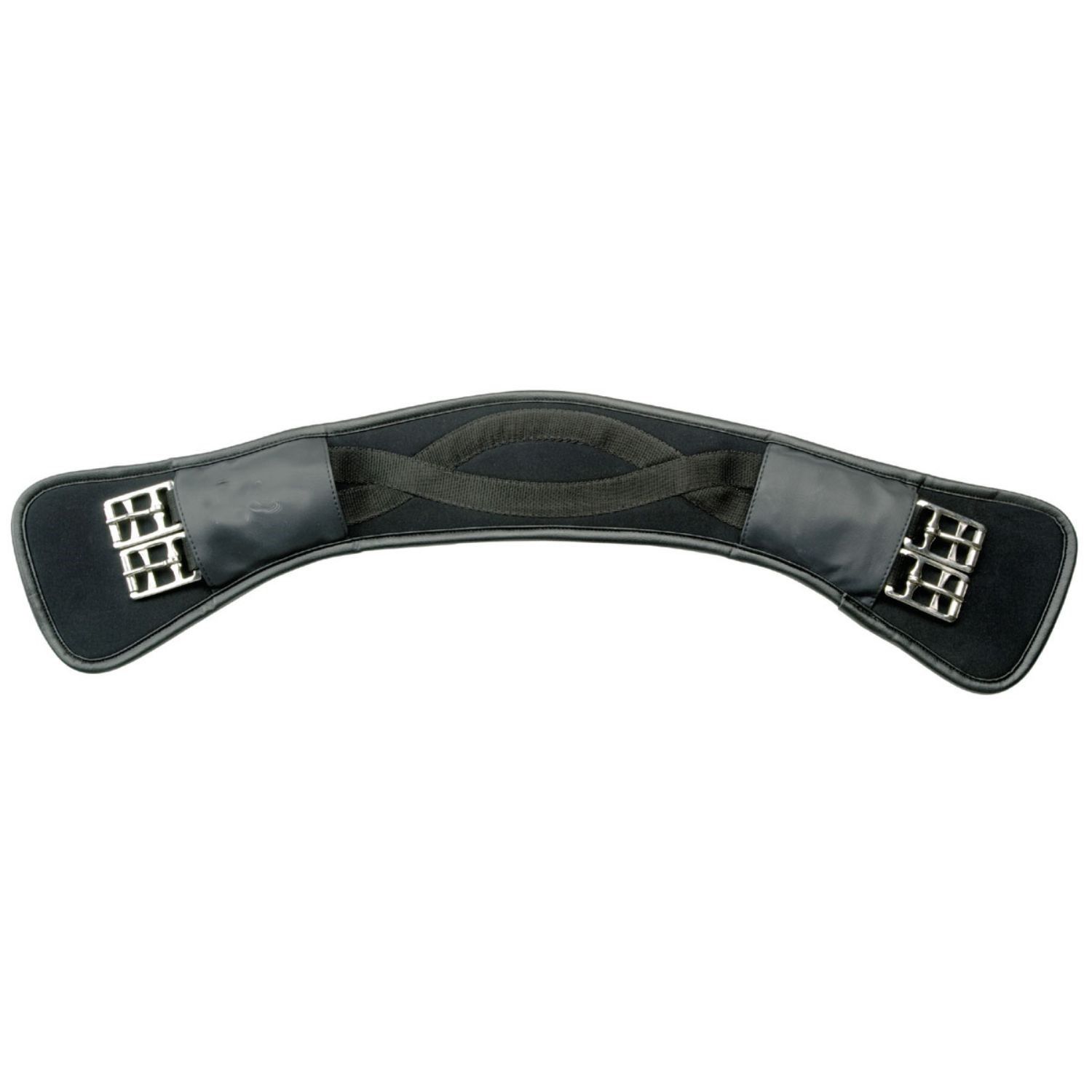 Anatomisch geformter Kurzgurt. Schwarz, mit Schnallen und Polsterung. Für Pferde. Gebogene Form.