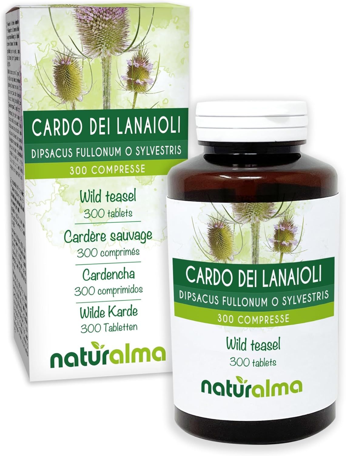 Produktverpackung und Flasche mit Tabletten. Beschriftung: Cardo dei Laniaioli, 300 Tabletten. Logo Naturalma.