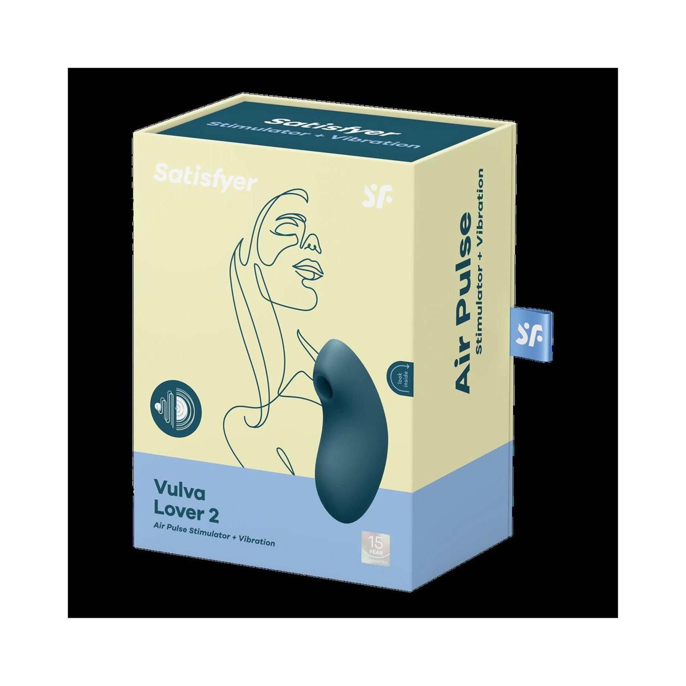 Verpackung mit Produktabbildung. Aufschrift: Satisfyer, Vulva Lover 2, Air Pulse Stimulator + Vibration. Farbgebung: Blau, Beige.