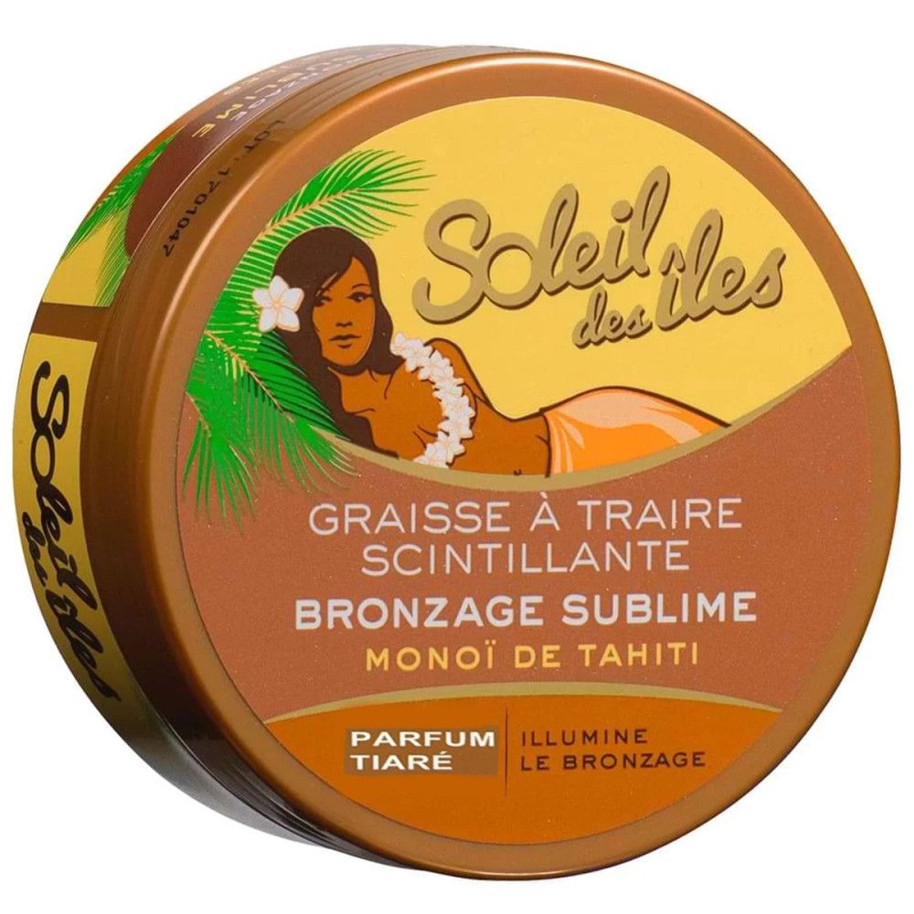 Runde Dose mit Produkt. Aufschrift Soleil des Îles, Frau mit Blume. Text: Graisse à Traire, Bronzage Sublime, Parfum Tiaré.