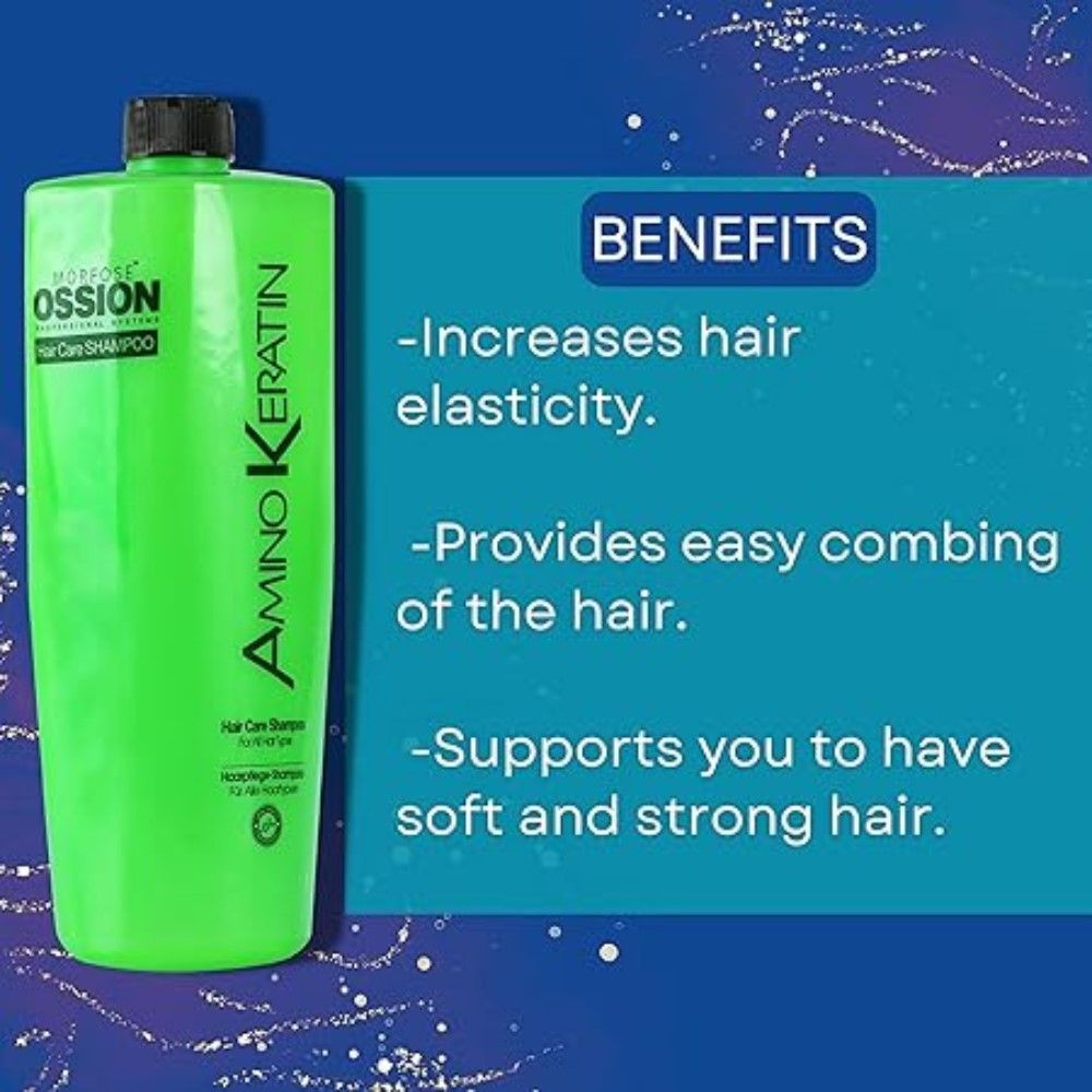 Grüne Flasche mit Ossion Amino Keratin Shampoo. Text: Amino Keratin, Hair Care Shampoo. Vorteile: Erhöht die Elastizität, erleichtert das Kämmen.