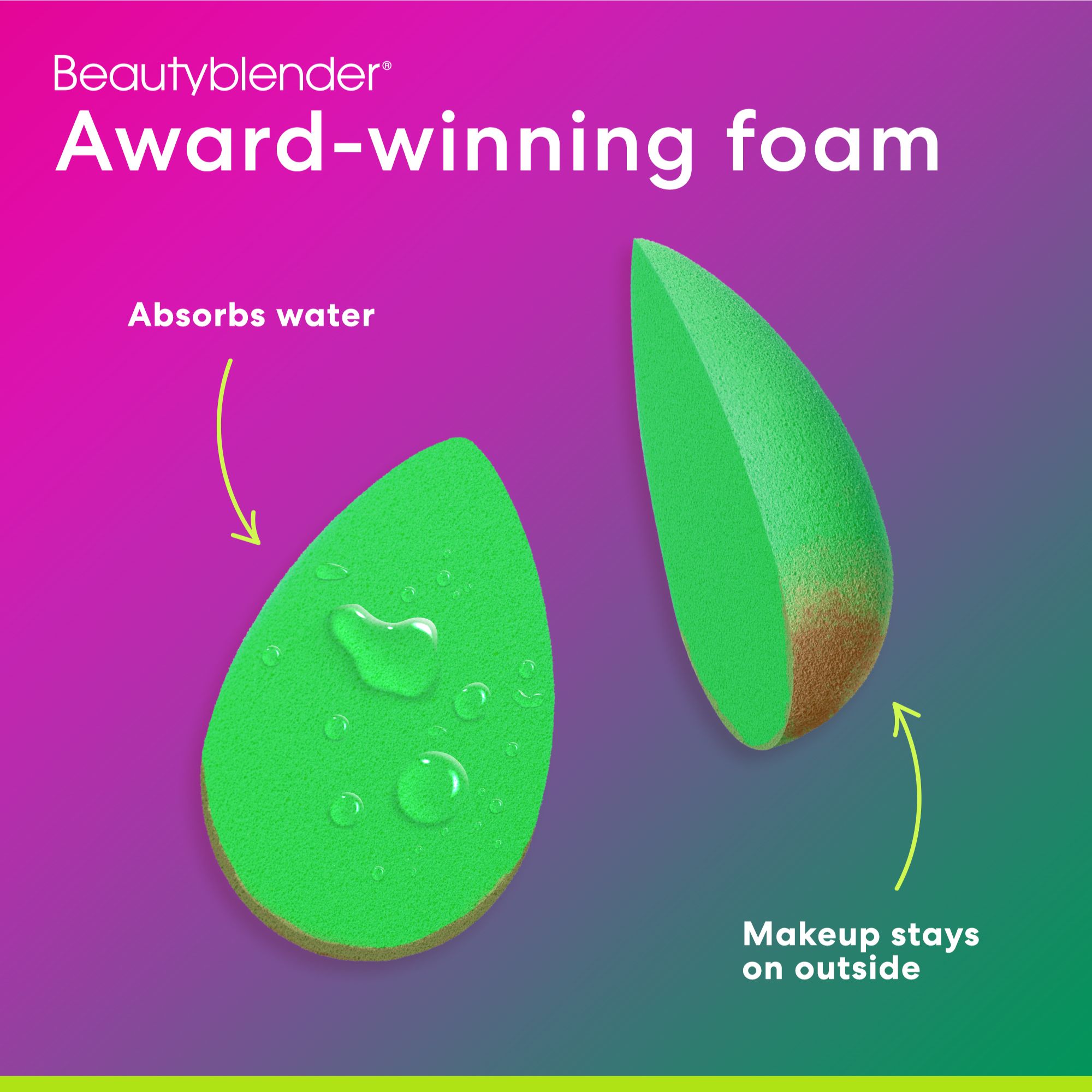 Zwei grüne, tropfenförmige Schwämme. Text: Beautyblender, Award-winning foam. Absorbiert Wasser. Make-up bleibt außen.