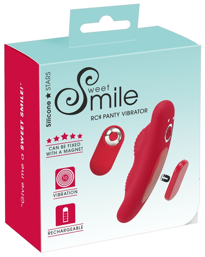 Verpackung für Sweet Smile Panty Vibrator. Produkt, Fernbedienung, magnetischer Verschluss. Sterne, Logos, Text.