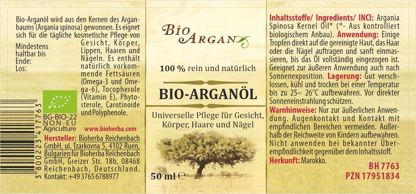 Etikett mit Text "Bio Arganöl", Inhaltsstoffen, Anwendungshinweisen und Bio-Siegel.