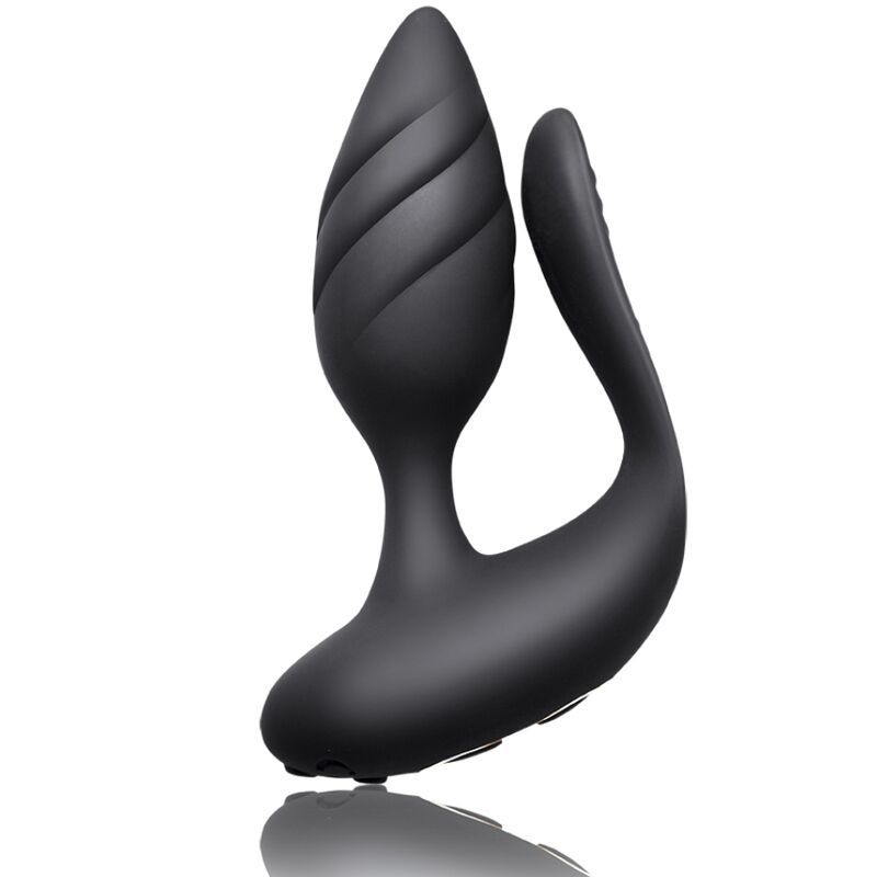 Schwarzes Wellness-Produkt. Geformt mit einem geriffelten Kopf und geschwungenem Arm. Aus schwarzem Material.