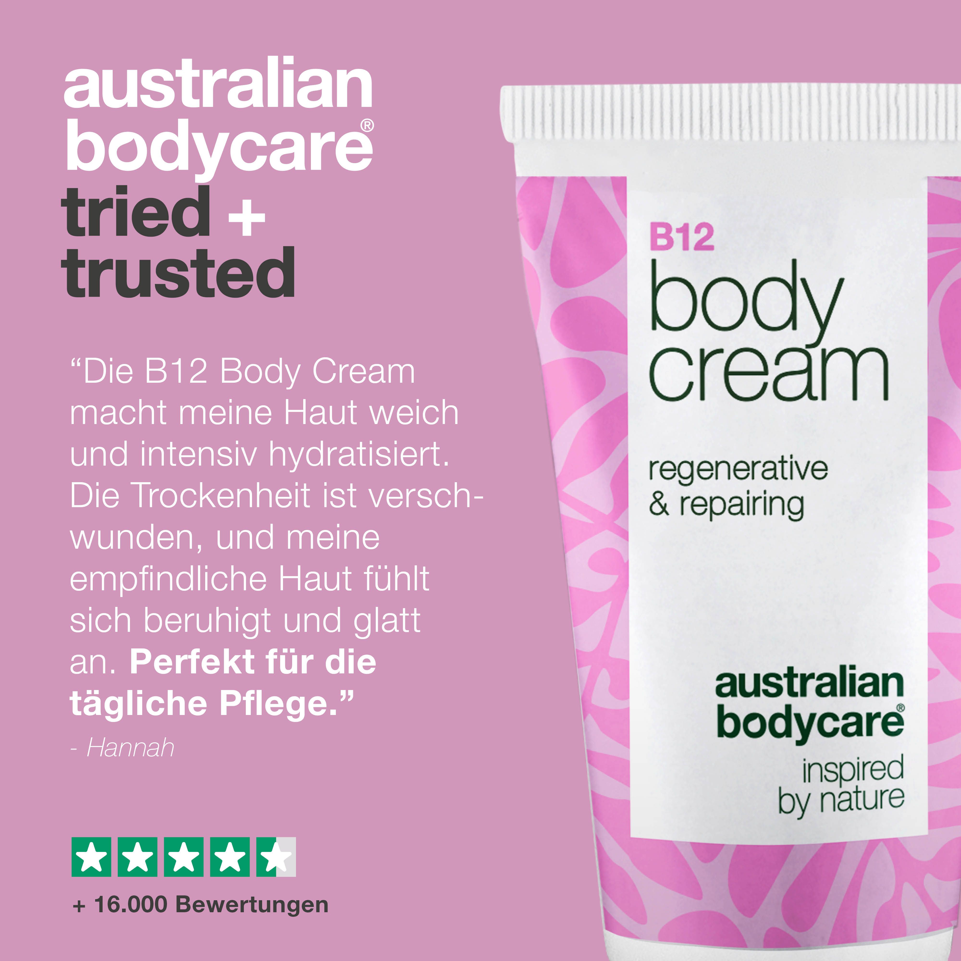 Körpercreme B12. Text: Australian Bodycare, Body Cream, regenerative & repairing. Zitate und Sterne-Bewertung.