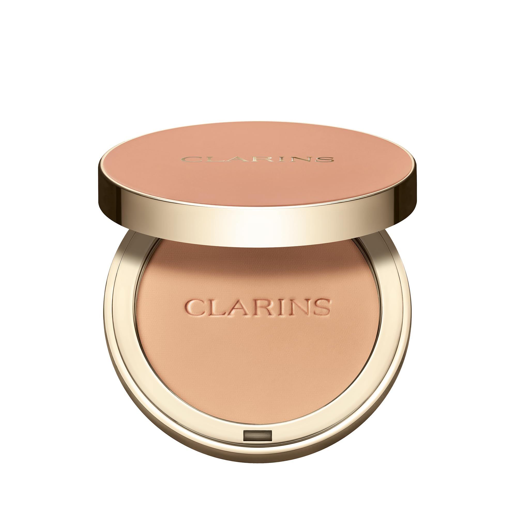 Offener Kompaktpuder mit CLARINS-Logo. Runde Form, goldener Rand, helle Farbe.