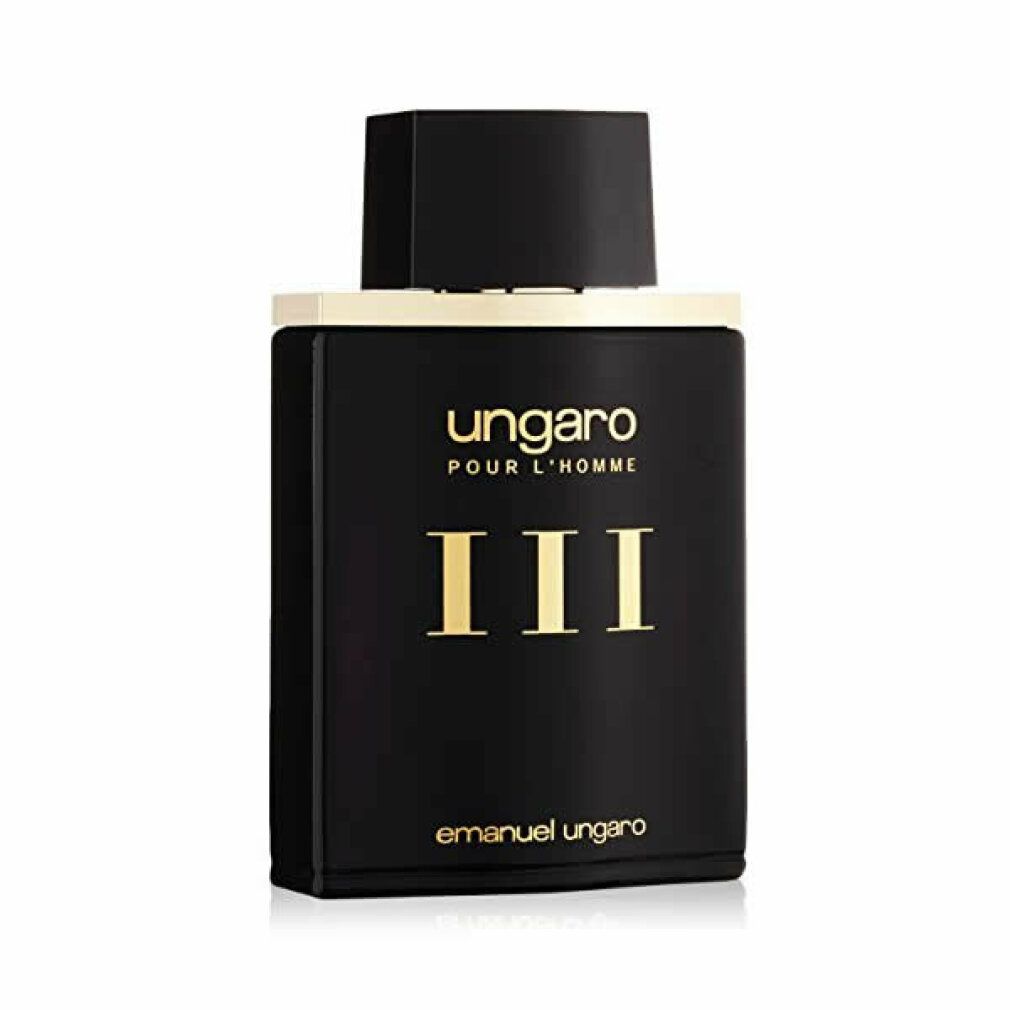Schwarze Flasche mit goldfarbenem Schriftzug "ungaro POUR L'HOMME III". Aufschrift "emanuel ungaro". Schwarzer Deckel.