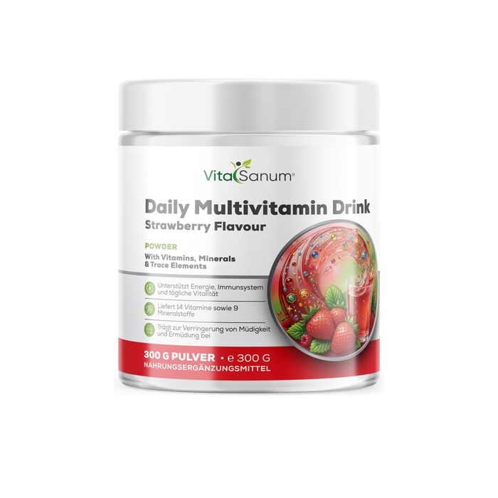 VitaSanum Daily Multivitamin Drink Erdbeergeschmack Pulver in Dose. Enthält Vitamine, Mineralien und Spurenelemente.
