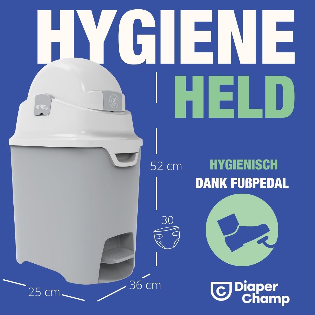 Grau-weißer Windeleimer mit Deckel und Fußpedal. Maße: 25x36x52 cm. Text: HYGIENE HELD. Logo: Diaper Champ. Illustration: Fuß.