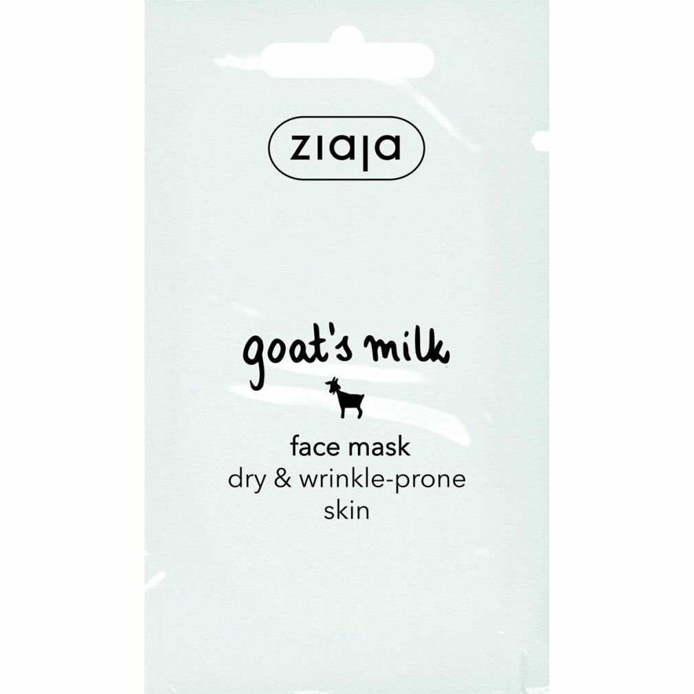 Ziaja-Gesichtsmaske in weißer Einzelverpackung. Aufschrift: goat's milk, face mask, dry & wrinkle-prone skin. Marke Ziaja.