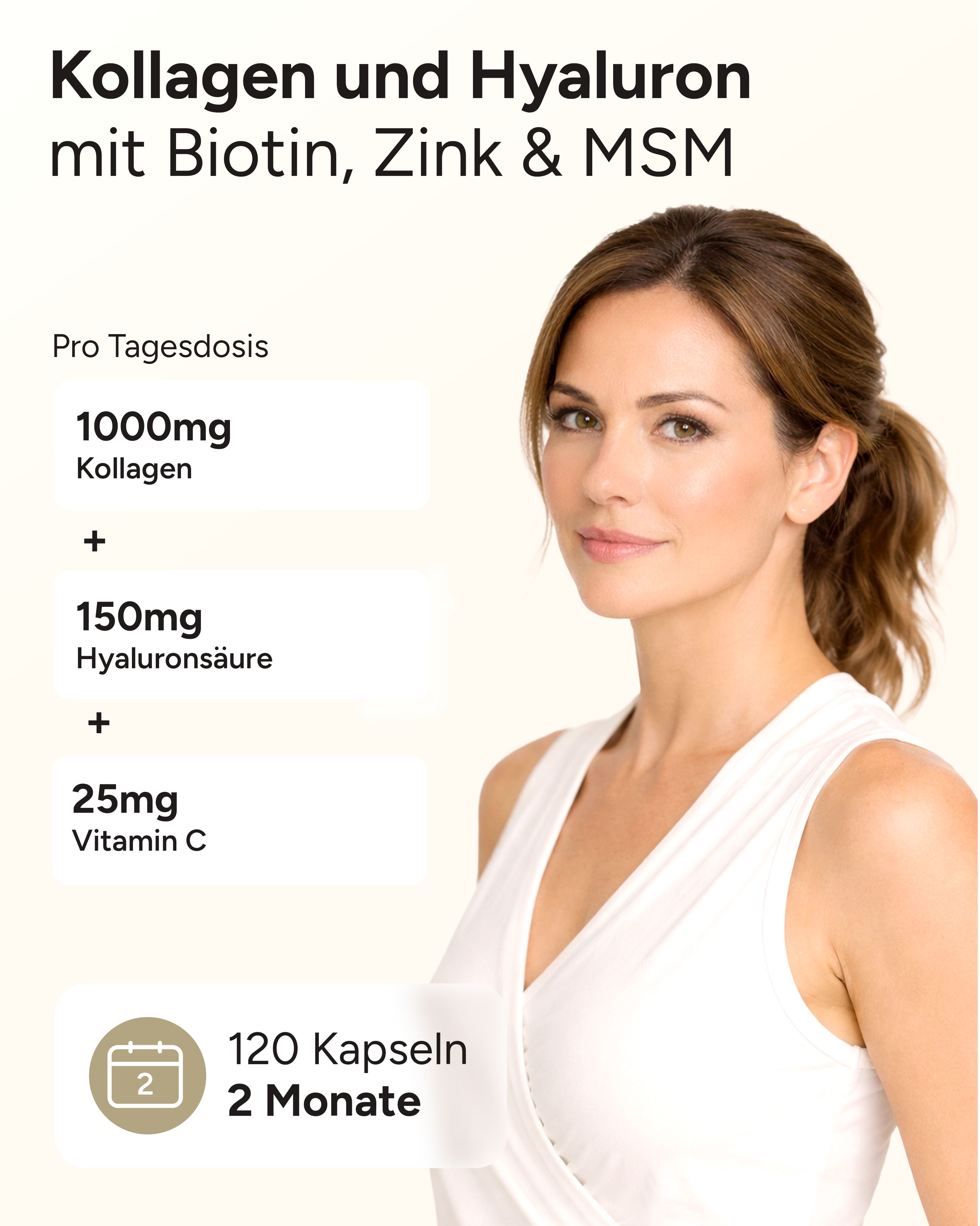 Frau mit Text: Kollagen und Hyaluron mit Biotin, Zink & MSM. 1000mg Kollagen, 150mg Hyaluronsäure, 25mg Vitamin C. 120 Kapseln.