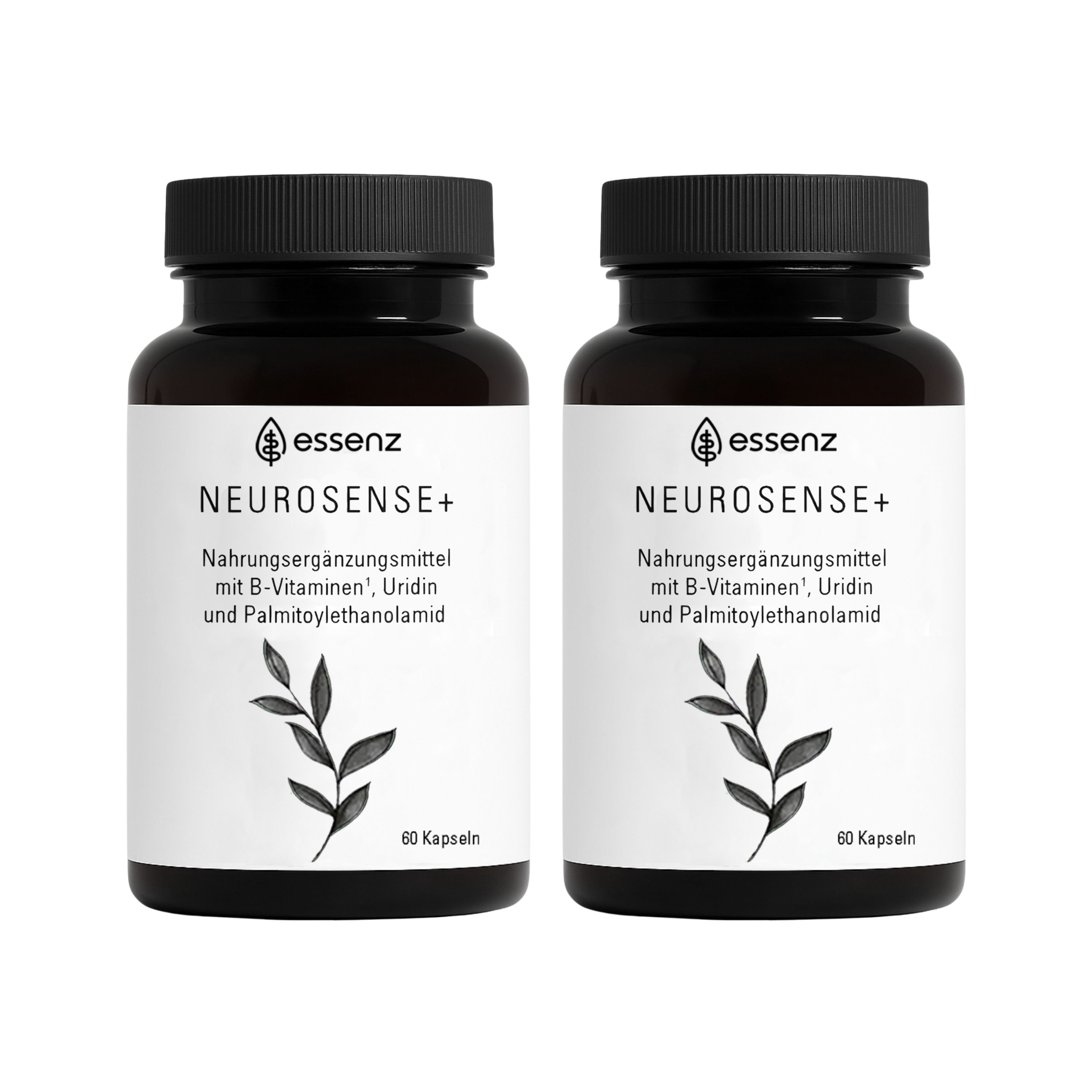 Zwei braune Flaschen mit schwarzen Deckeln und weißen Etiketten. Text: ESSENZ Neurosense+ Kapseln.