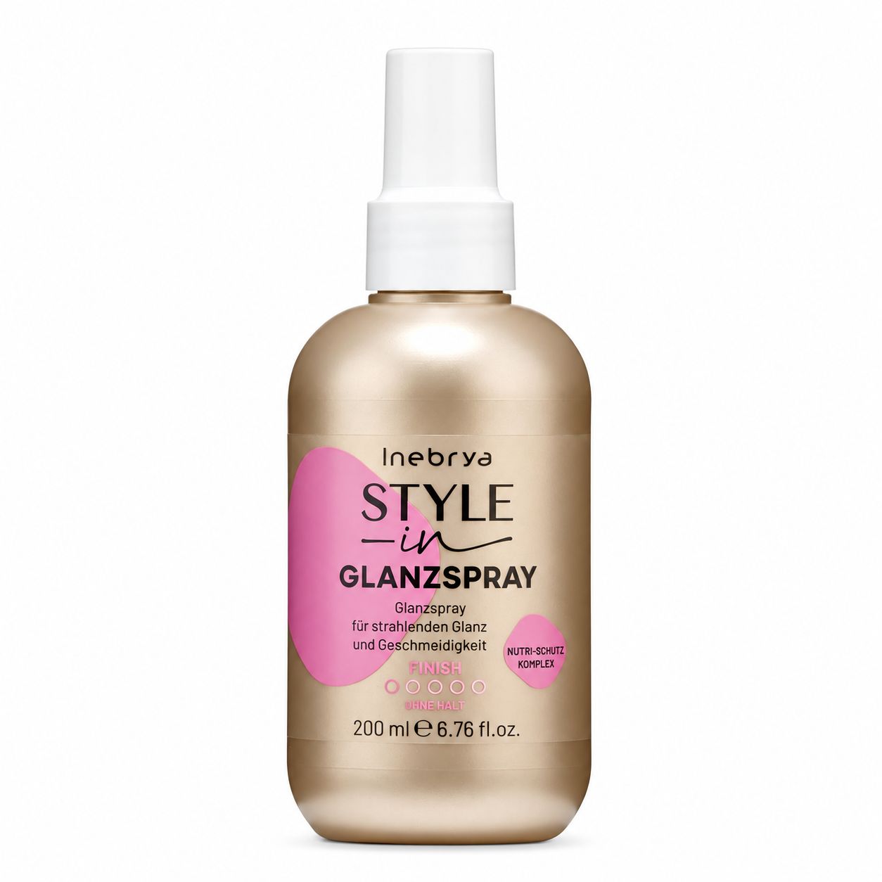 Goldene Sprühflasche mit weißem Verschluss, Marke Inebrya Style-in Glanzspray, 200 ml.