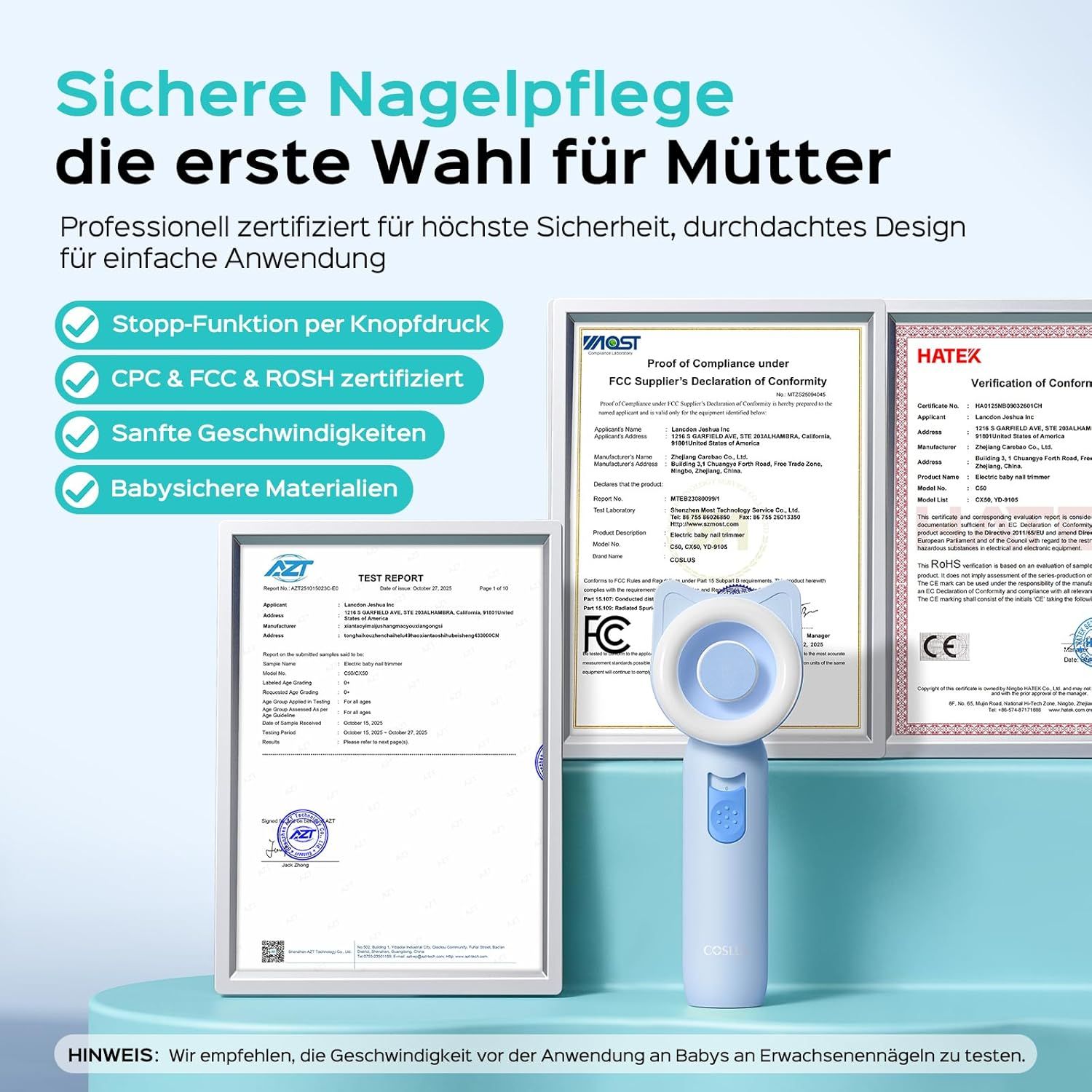 Blaues Nagelpflegeset für Babys. Zertifizierungen: CPC & FCC & ROSH. Text: Stopp-Funktion, sanfte Geschwindigkeiten, babysichere Materialien.