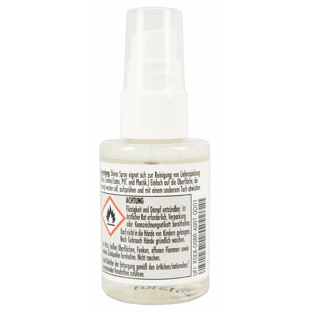 Kleine Sprühflasche mit Warnhinweisen. Text: Reinigungsspray für Erotikspielzeug. Enthält brennbare Flüssigkeit und Dämpfe.