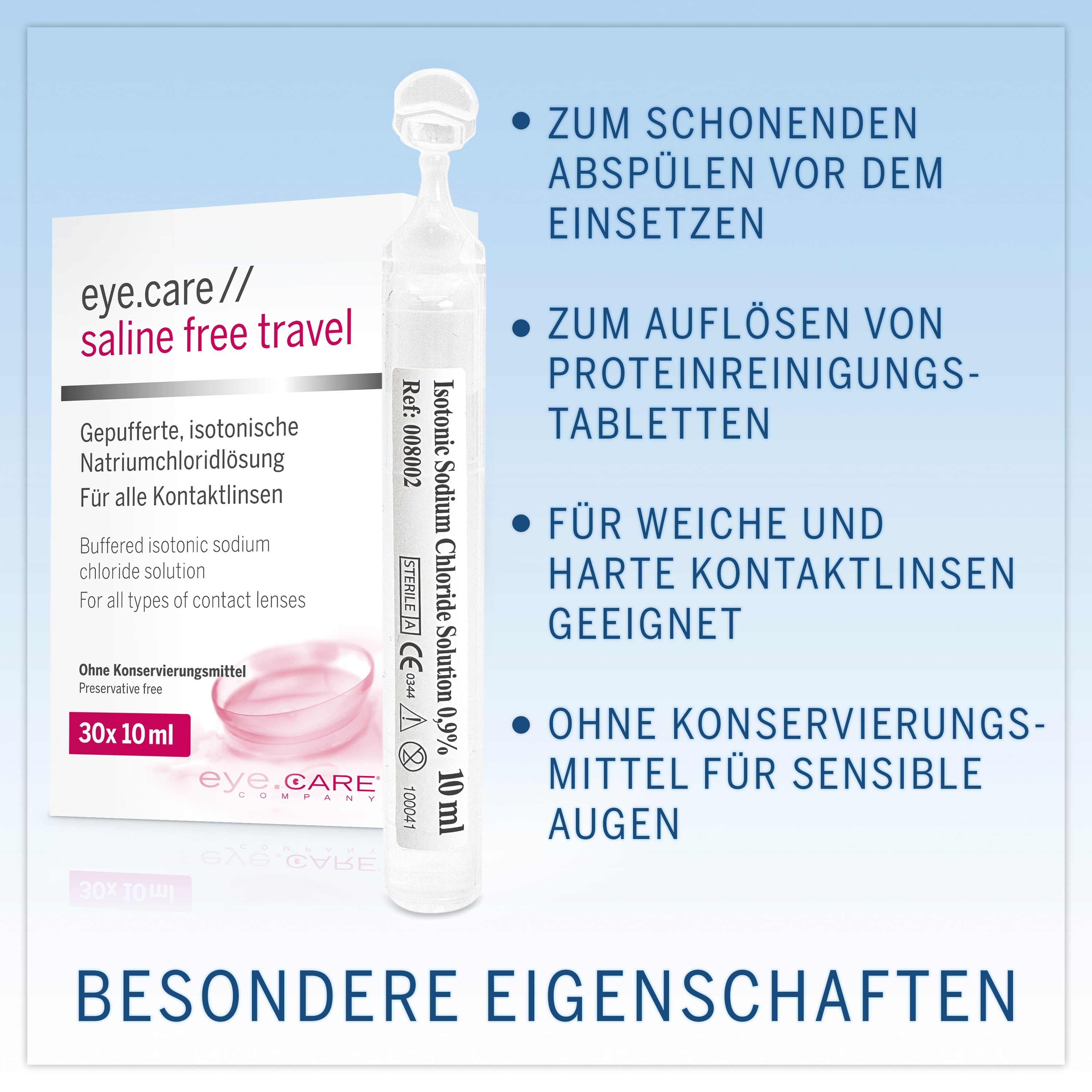 Ampulle mit isotonischer Natriumchloridlösung. Verpackung mit Produktinformationen und 30 Ampullen. Geeignet für Kontaktlinsen.