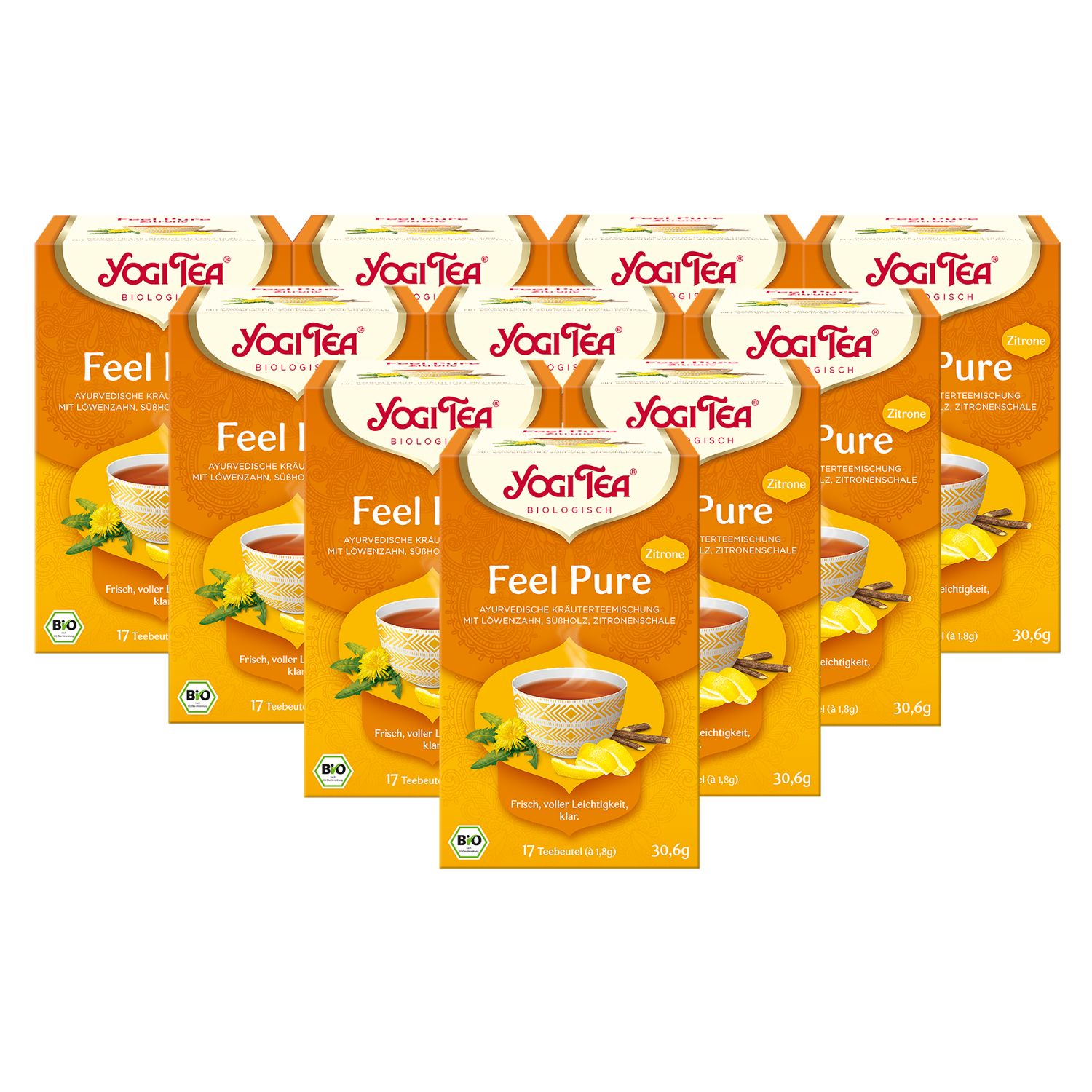 Mehrere Packungen Yogi Tea Feel Pure. Aufdruck: 17 Teebeutel, Bio-Siegel.