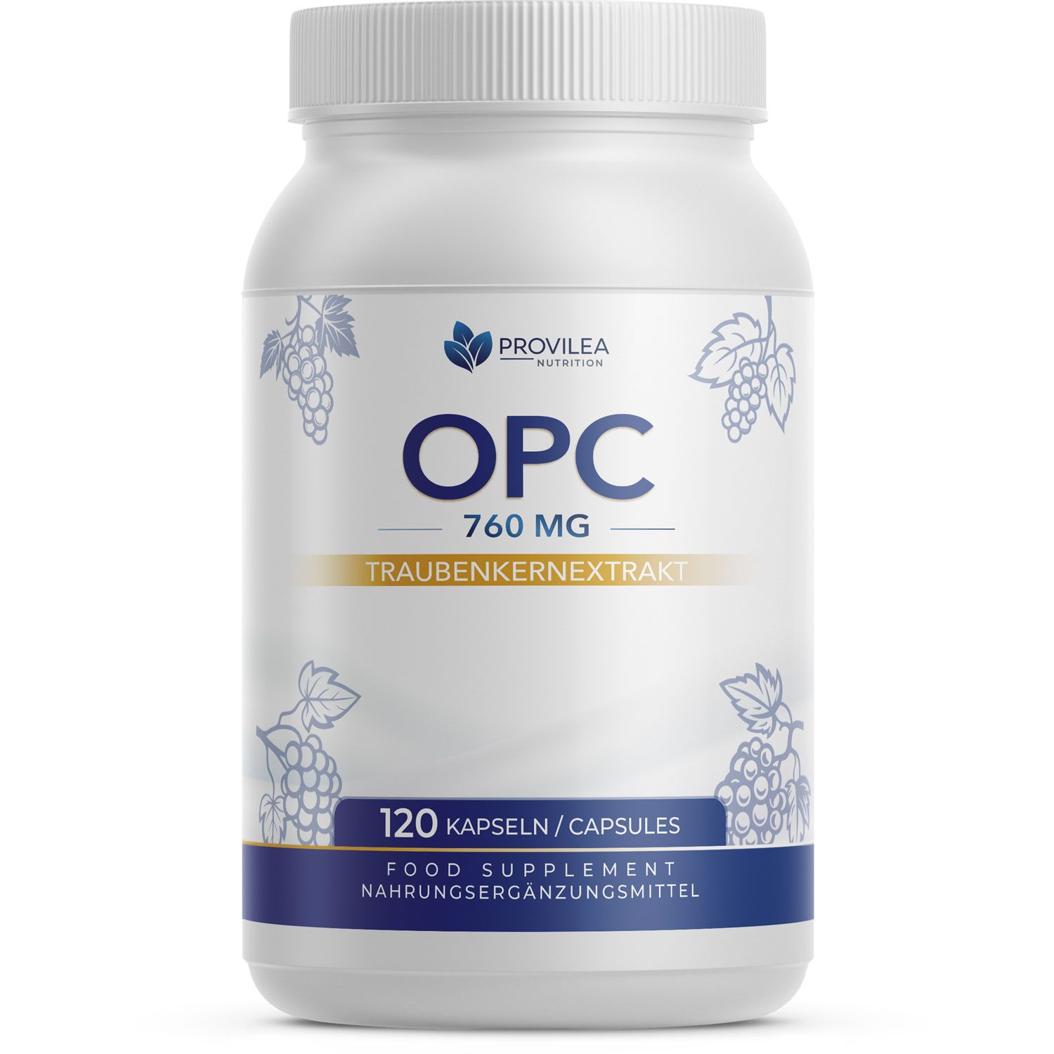Flasche OPC Traubenkernextrakt Kapseln, 760 mg, 120 Kapseln. Nahrungsergänzungsmittel von Provilea Nutrition.