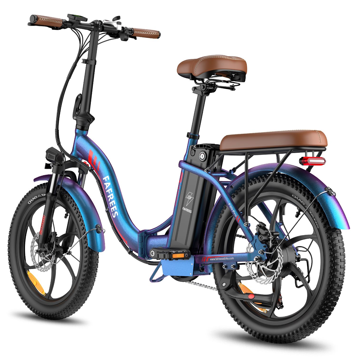 Blaues FAFREES F20 Pro Elektrofahrrad. Brauner Sattel, schwarze Reifen. Rückansicht mit Gepäckträger.