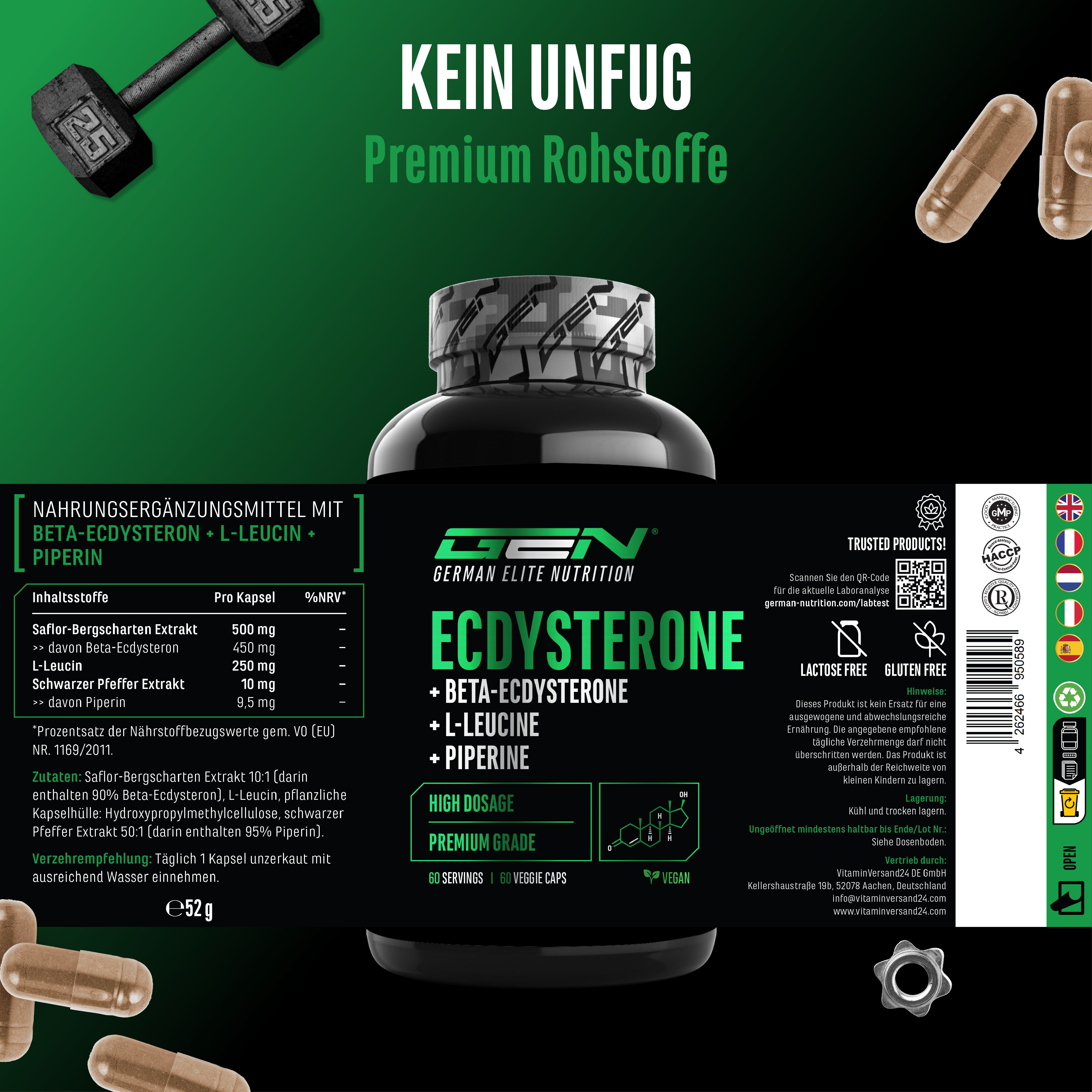 Ecdysteron-Produktflasche mit Etikett. Enthält Informationen zu Inhaltsstoffen und Dosierung. Grün-schwarzes Design.