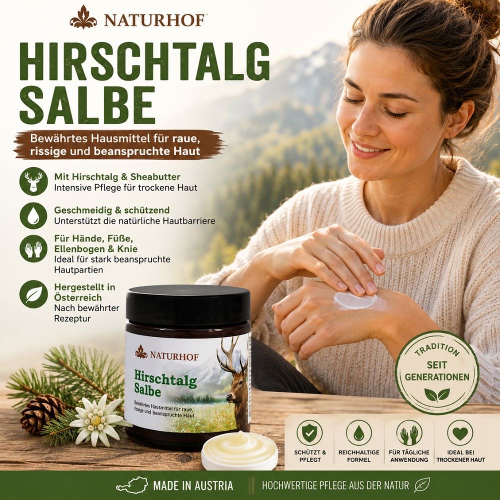 Frau trägt NATURHOF Hirschtalg Salbe auf die Hand auf. Produkt im Tiegel und auf einem kleinen Stück sichtbar.