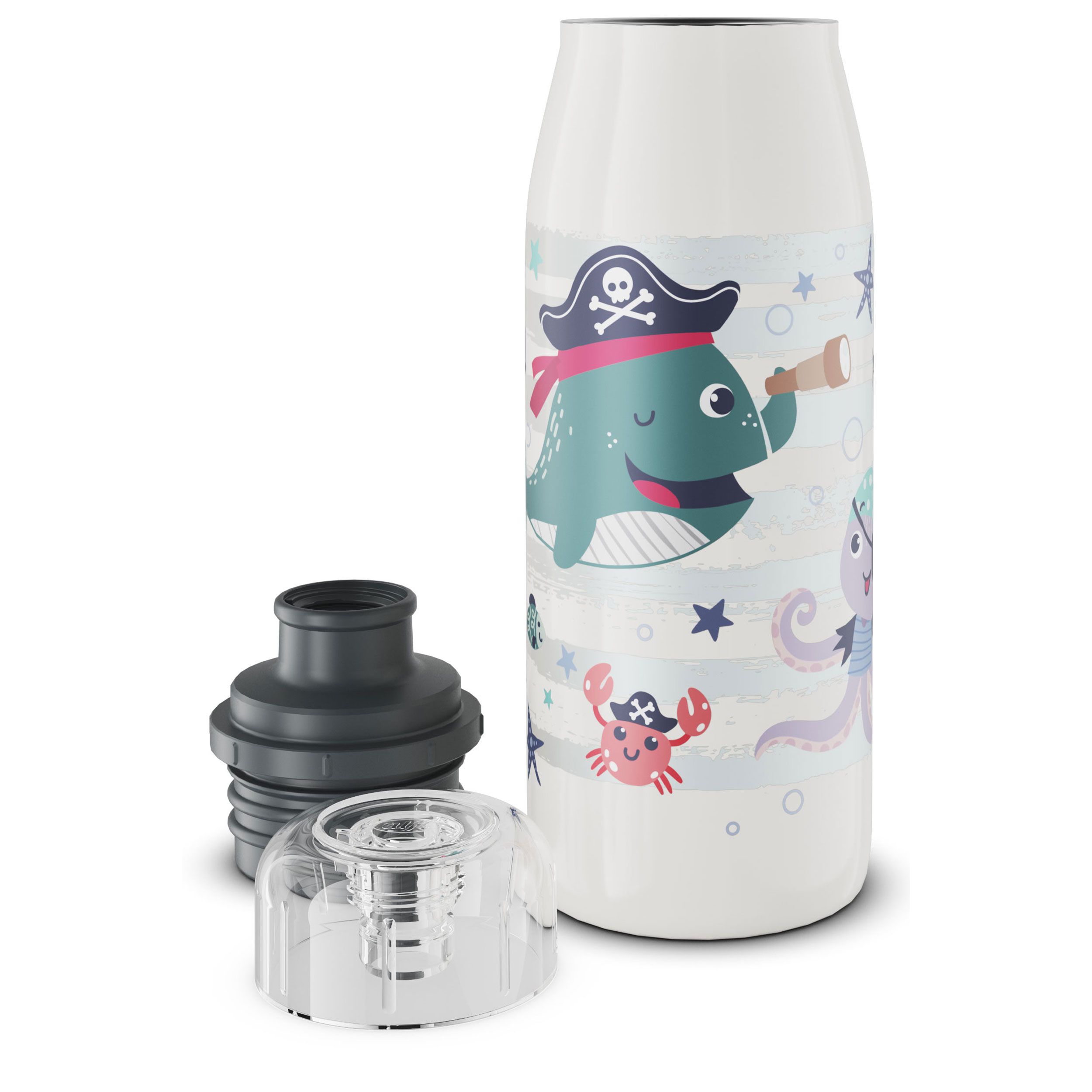 ALFI Kinderflasche mit Piraten-Wal-Motiv, zerlegt.