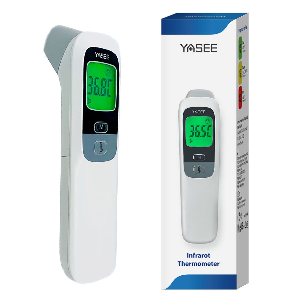 Weißes Infrarot-Thermometer mit grünem Display. Auf dem Display ist die Temperatur 36.8°C angezeigt. Daneben die Verpackung mit Produktname und Marke.