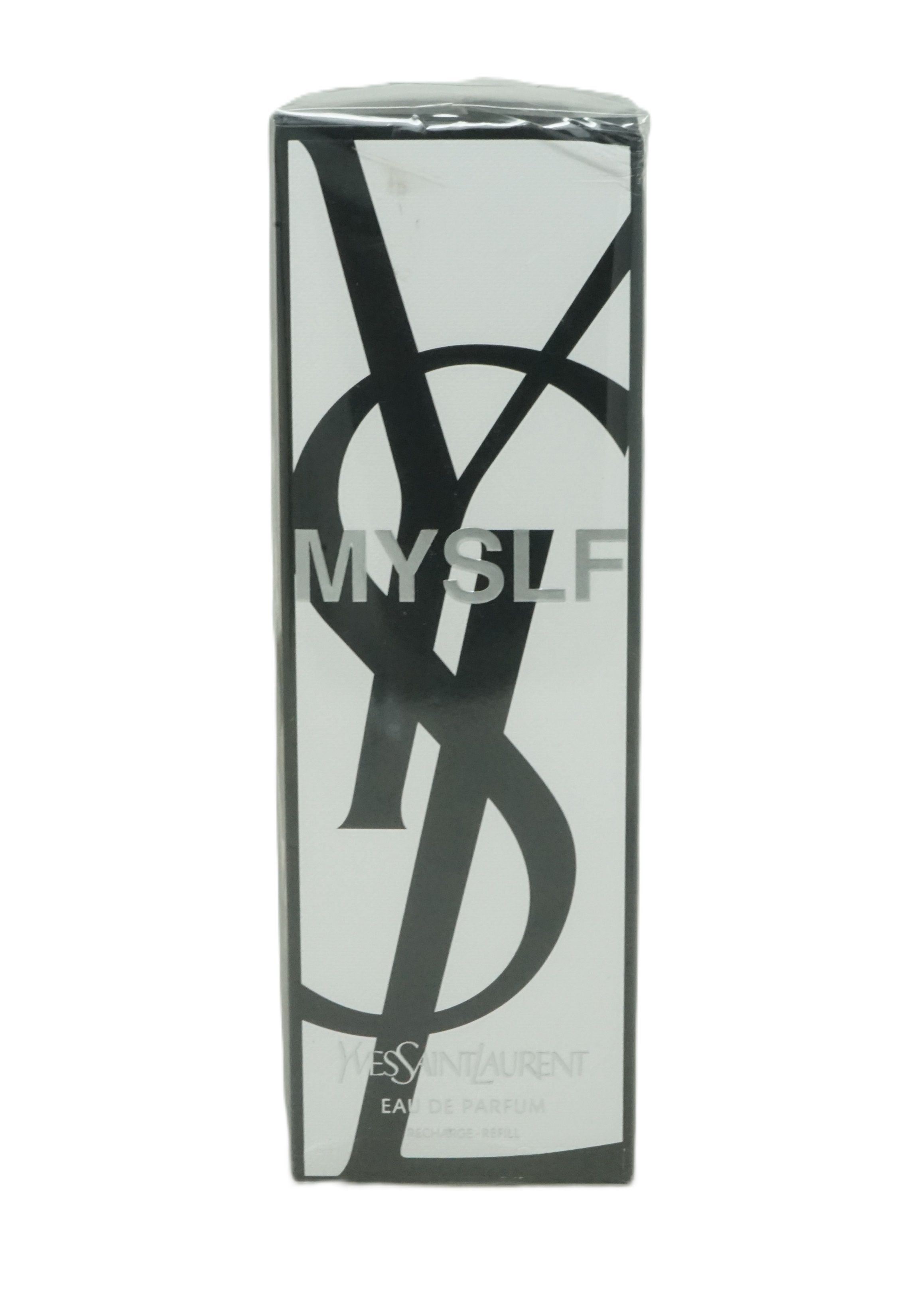 Weiße Verpackung mit schwarzem Logo und Schriftzug MYSLF. Marke Yves Saint Laurent. Eau de Parfum.