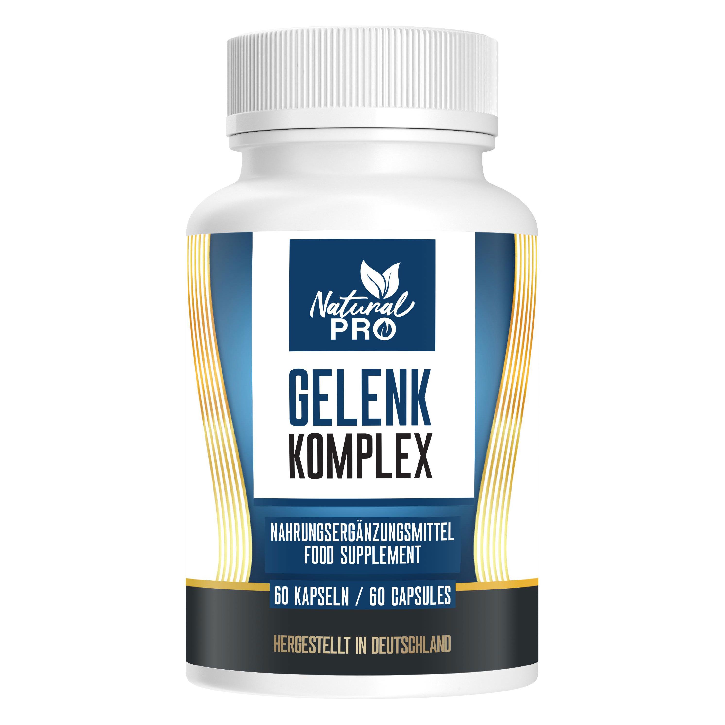 Weiße Flasche mit blau-gelbem Etikett. Schriftzug: Natural Pro GELENK Komplex. 60 Kapseln. Nahrungsergänzungsmittel.