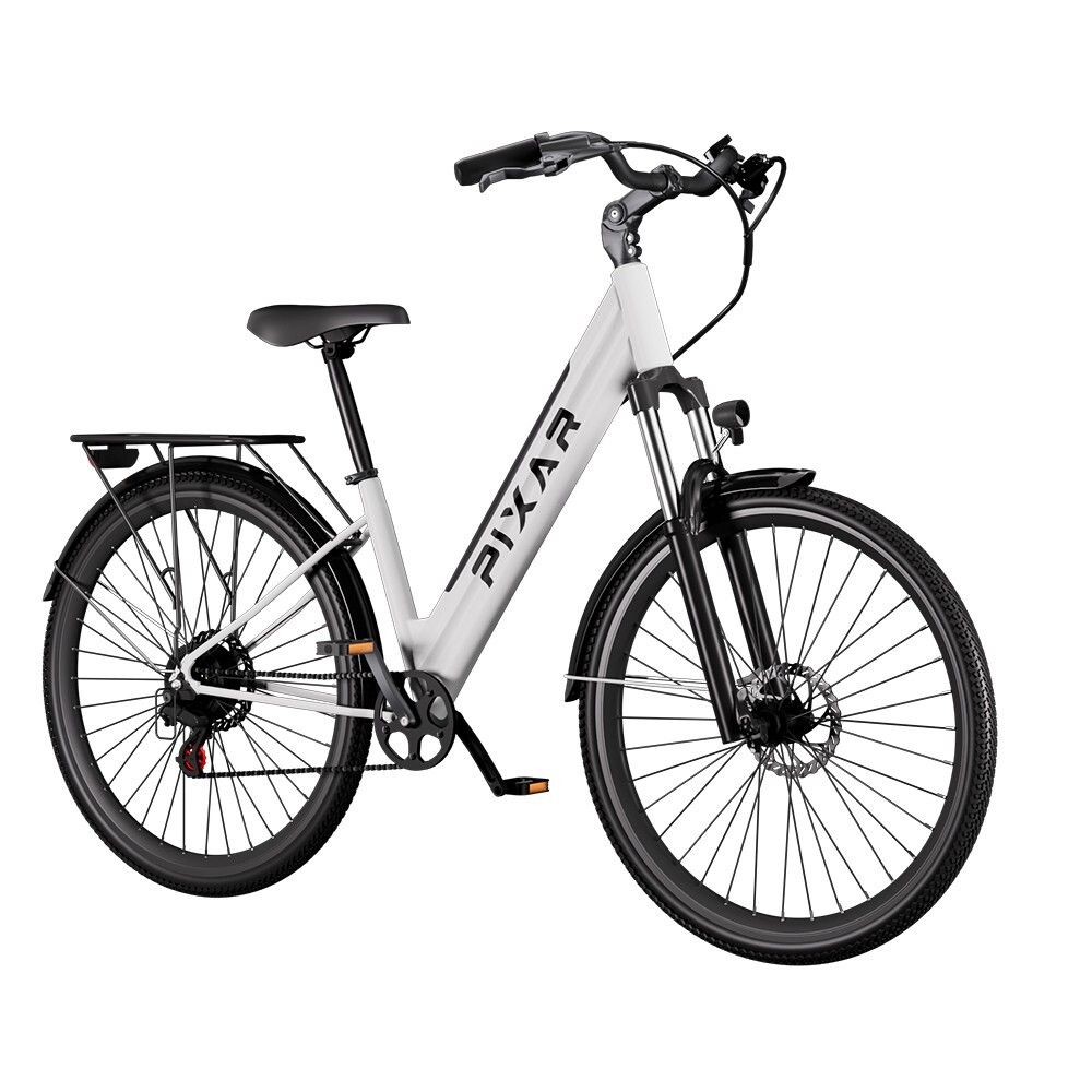 Weißes Elektro-Citybike mit schwarzem Rahmen und Gepäckträger. PIXAR-Logo am Rahmen.