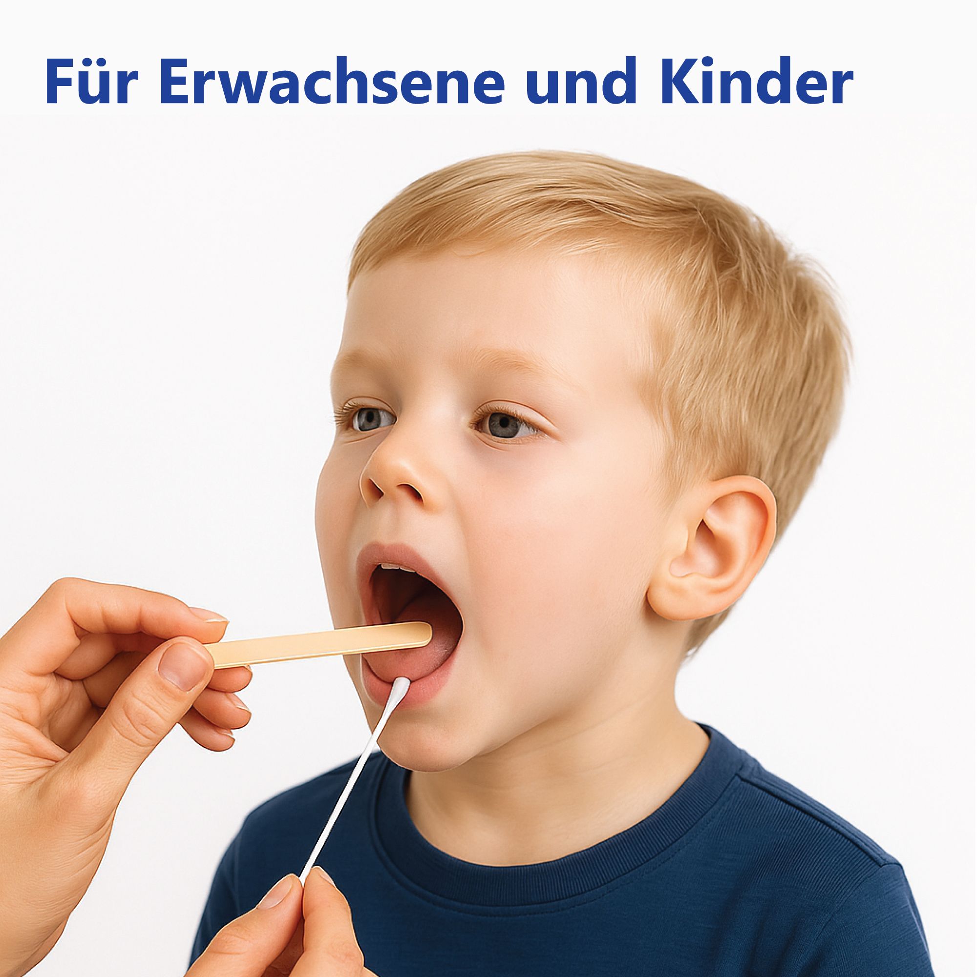 Kind mit offenem Mund, Rachenabstrich wird durchgeführt. Text: Für Erwachsene und Kinder.